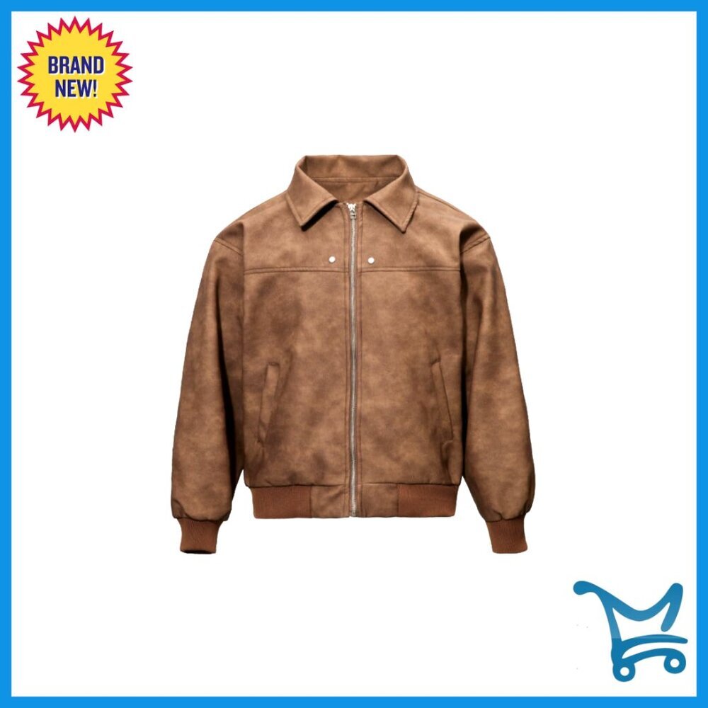Men's Faux Leather Zip Up Bomber Jacket 90s Vintage Biker Streetwear Coat - Picture 1 of 7